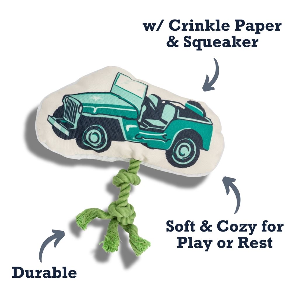 Country Living Retro Army Jeep Plush Dog Toy with Squeaker & Rope, 13 × 11 in