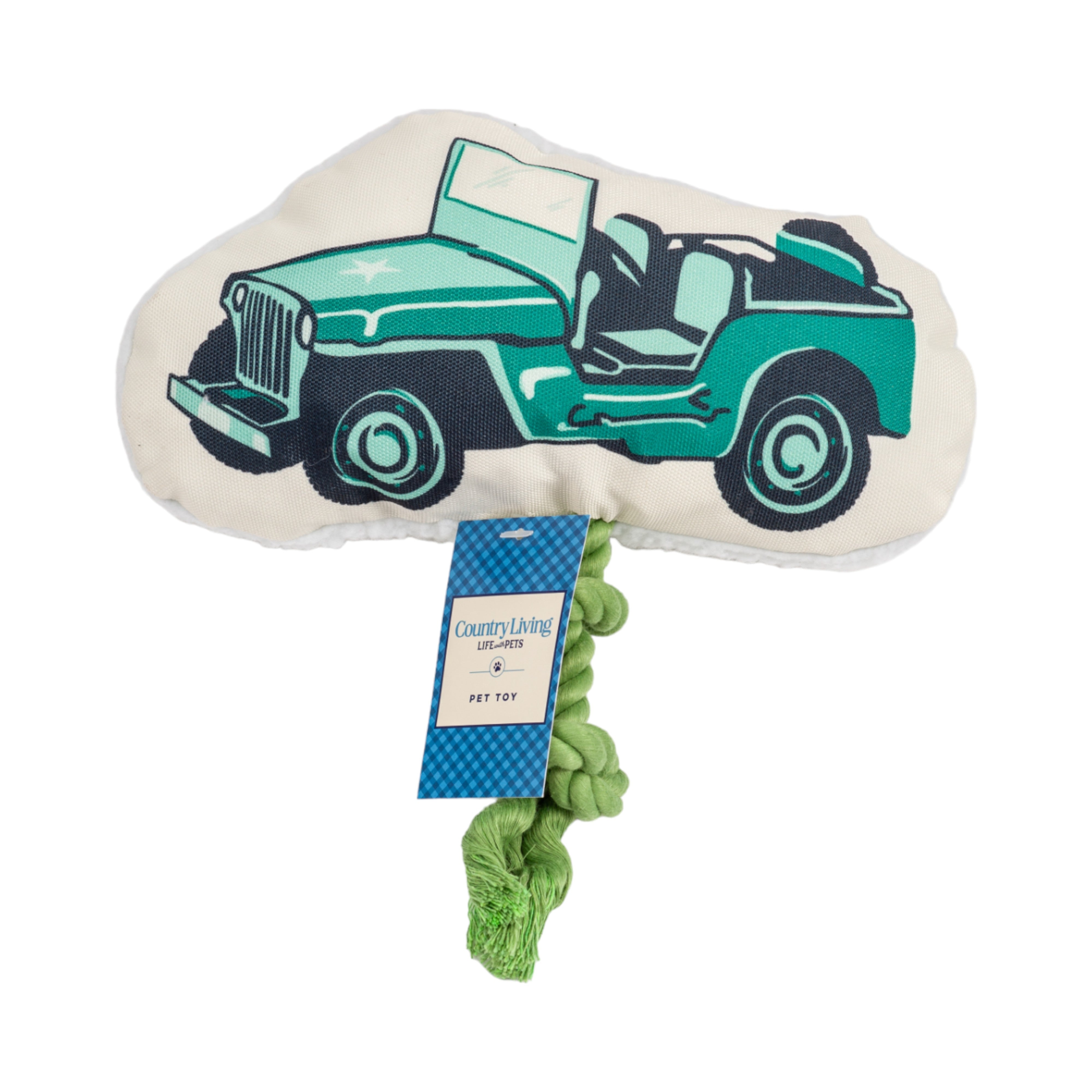 Country Living Retro Army Jeep Plush Dog Toy with Squeaker & Rope, 13 × 11 in