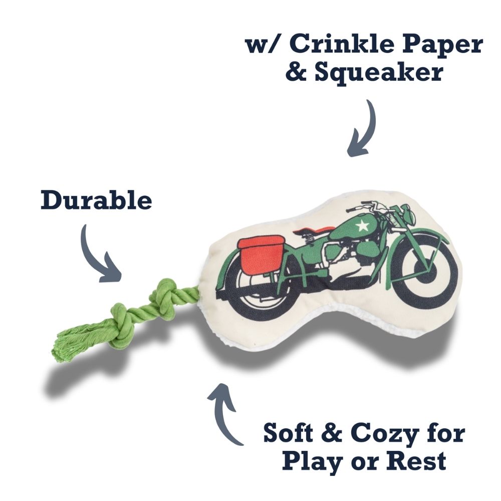 Country Living Retro Army Motorcycle Plush Dog Toy with Squeaker & Rope, 6 × 15 in