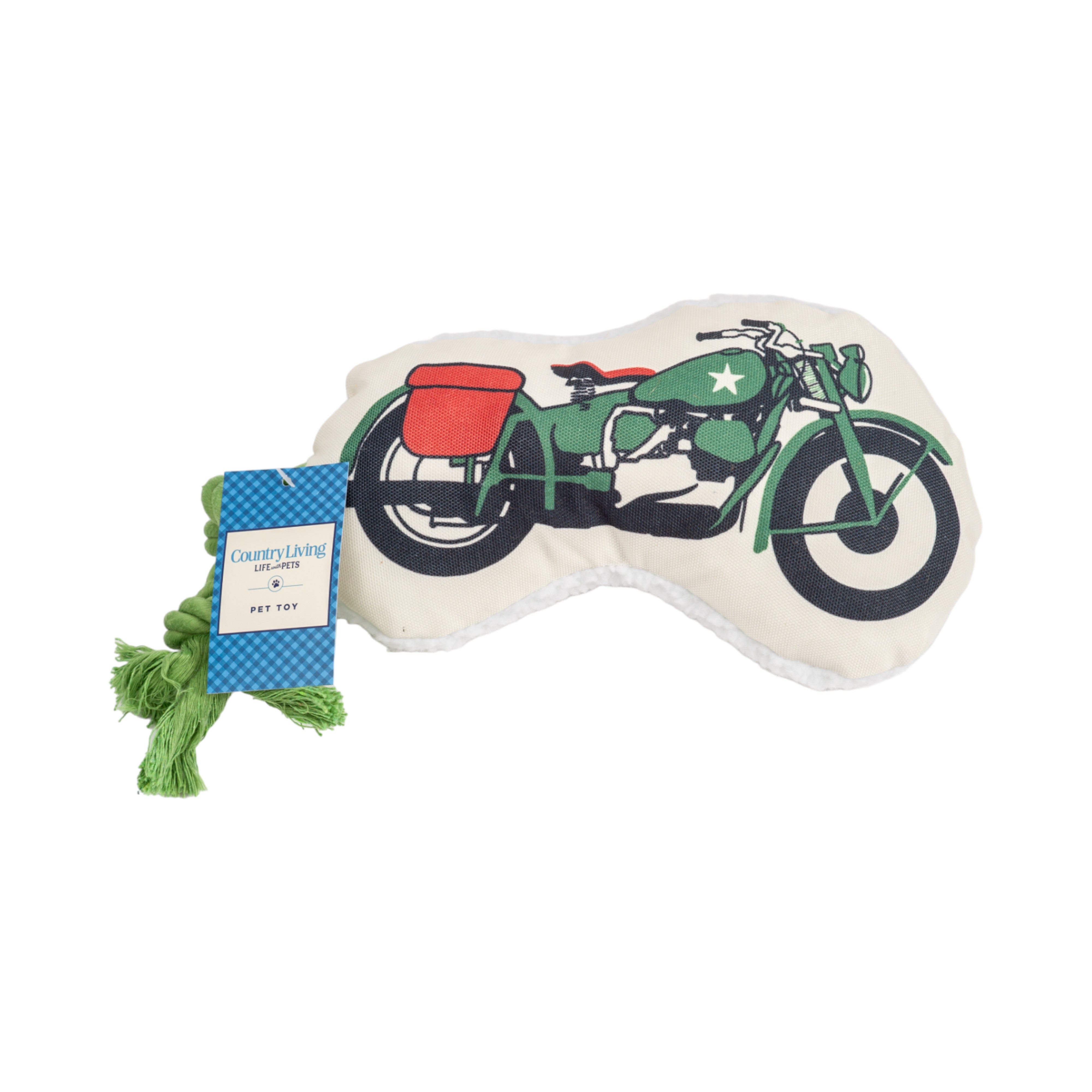 Country Living Retro Army Motorcycle Plush Dog Toy with Squeaker & Rope, 6 × 15 in