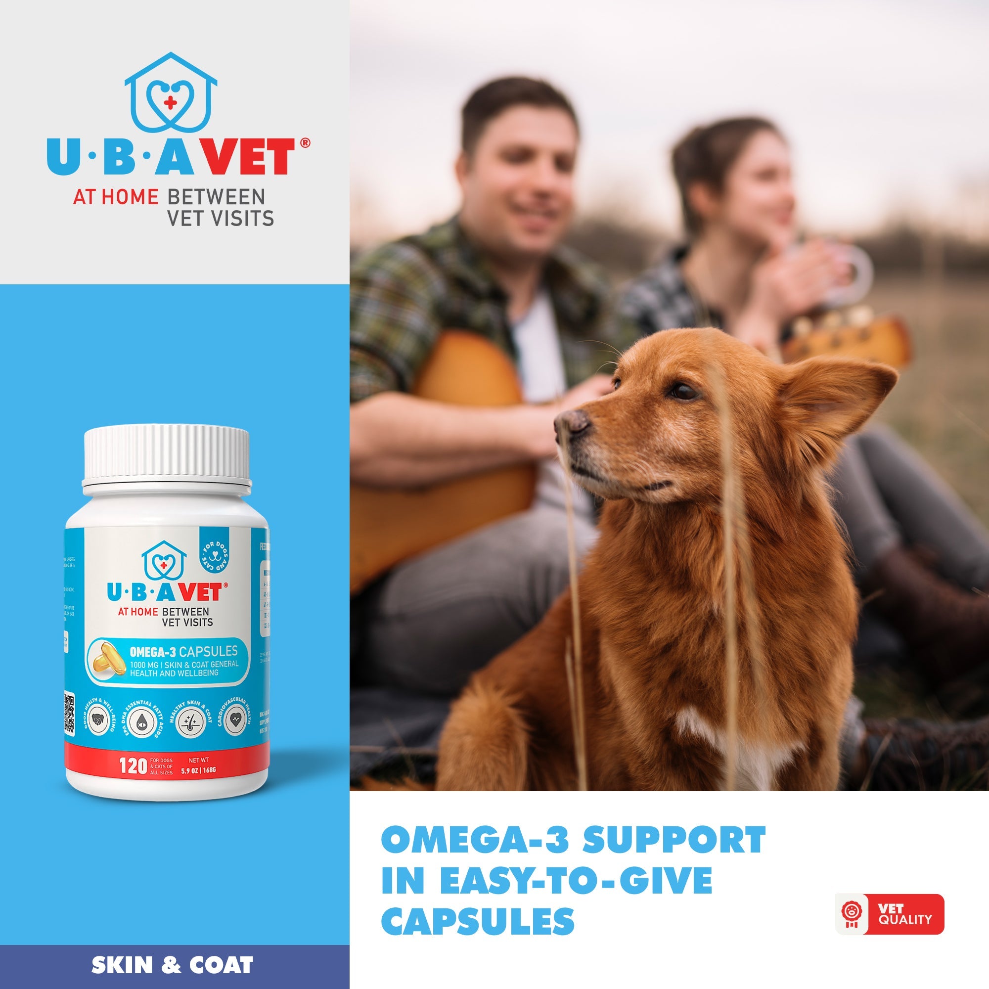 UBAVET Omega-3 Softgel Capsules for Dogs & Cats, 1000 mg, 120 Count