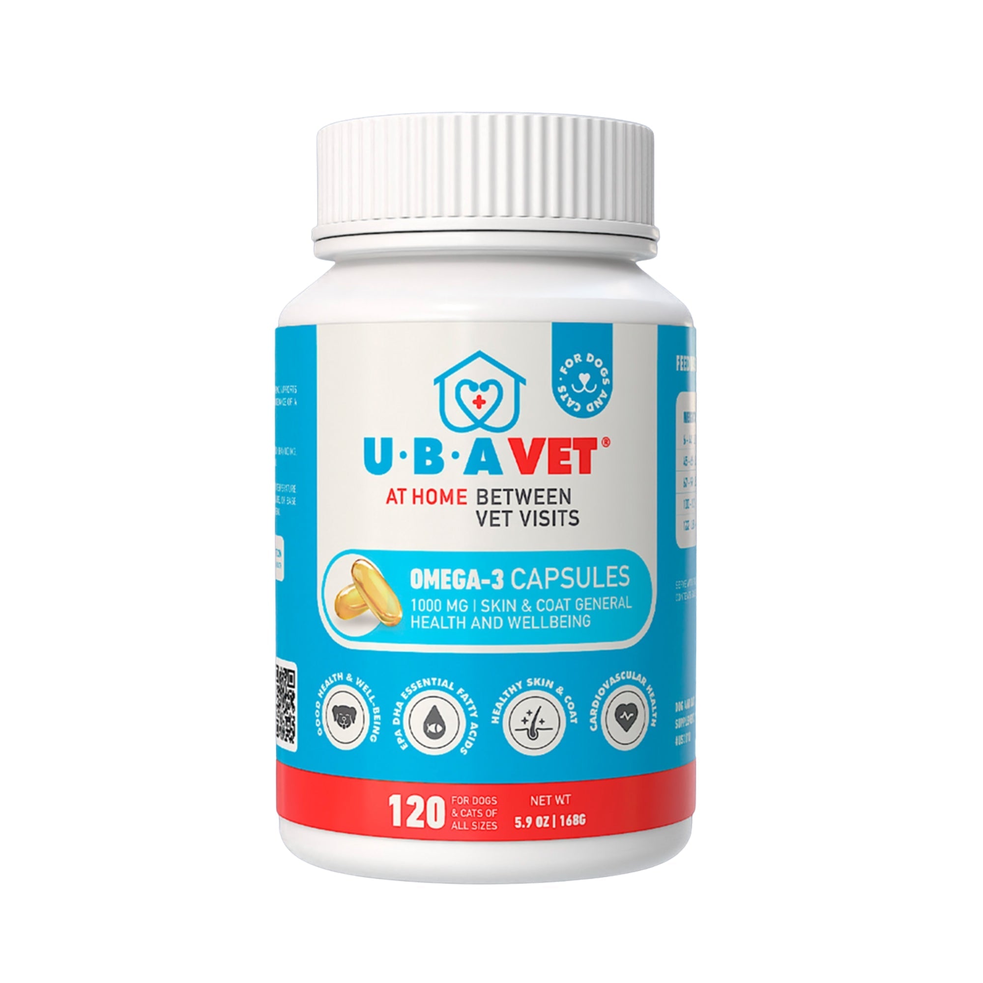 UBAVET Omega-3 Softgel Capsules for Dogs & Cats, 1000 mg, 120 Count